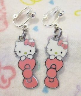Adorable HELLO KITTY Hanging from Pink Bow CLIP ON Earrings