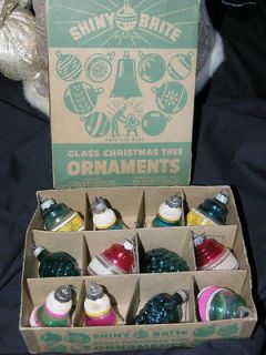 Shiny Brite, Antique flocked & glass Christmas Ornaments (13). In Box