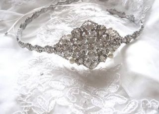 Bridal side headband crystal headdress tiara with ribbon