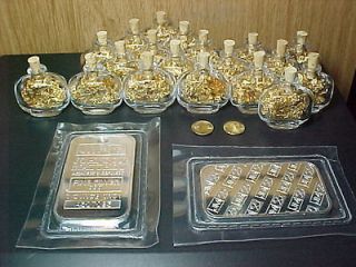SILVER BULLION BAR+2 22k $20 St. Gaudens Coin+20 Gold flake Bottles