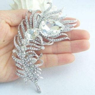 Peacock Feather Brooch Pin w Clear Rhinestone Crystals EE05038C1