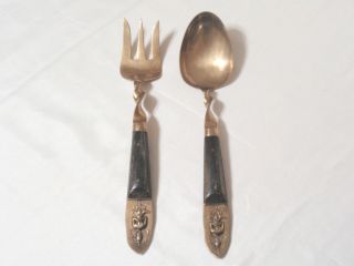 Thailand Siam Buda Brass / Teak Wood Large Fork / Serving Spoon