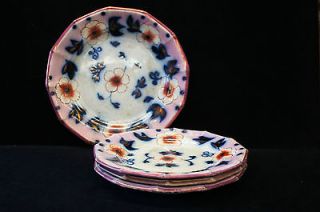 Antique 1800s 1820s Gaudy Dutch Flow Blue Lusterware Plates Made In