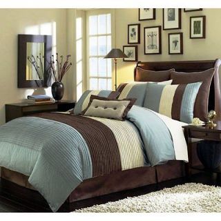 Beige Blue and Brown Luxury Stripe 8 Piece King Size Comforter Set