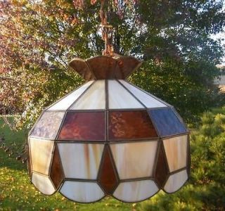 TIFFANY STYLE DIAMOND AMBER TAN SLAG STAINED GLASS LIGHT HANGING LAMP