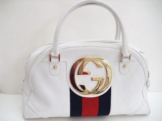 Auth GUCCI BRITT ALL Leather WHITE Bowling Style LARGE Hobo Handbag