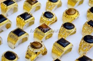 lot 12pcs Man Jewelry Tiger eye gemstone&glaze Gold Plated Rings