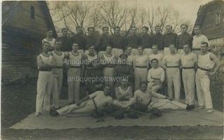 Military athletes w barbell boxing gloves antique photo