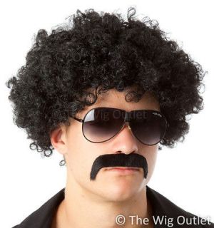 BLACK AFRO & MO COSTUME SET Borat Mens 60s Bucks Party Fancy Dress New