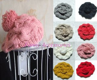 Ladies Girls Winter Cable Knit Bobble Crochet Beret Beanie Hat