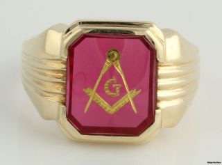 Masonic Synthetic Red Spinel Blue Lodge Ring   10k Yellow Gold Masons