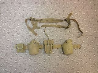 WWII 1944 US 2 CANTEENS,FIRST AID,SMALL ARMS POUCH,BELT SOLDIER NAME
