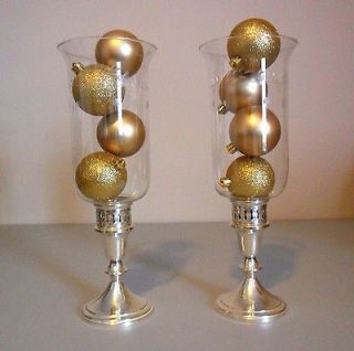 Vintage Pair Towle Sterling Candlesticks Etched Glass Hurricane Shades