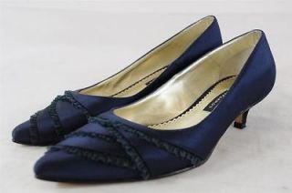 CAPARROS SHOES NALANI NAVY SATIN WEDDING PUMP RUFFLE DETAIL SLIP ON