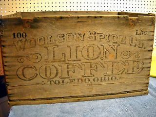 vintage lion coffee woolson spice company 100 lb wooden shipping crate