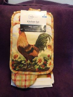 New Mainstays 7 Piece Kitchen Towels and Potholders Set Rooster Design