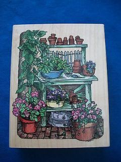 Large Wood Mounted Rubber Stamp Potting Table Garden Shelf Planters