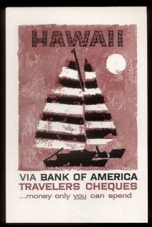 1958 Hawaii catamaran sail boat art Bank of America travelers cheques