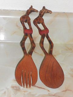 Unique Hand Carved Wooden GIRAFFE Salad Spoon/Fork Set Smooth & Very