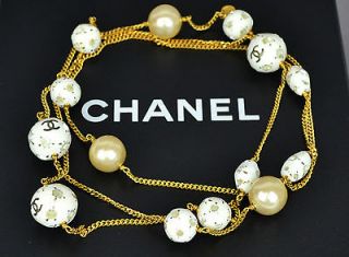 Authentic CHANEL CC Ball Faux Pearl Long Chain Necklace in Box 98P