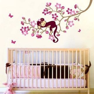 Newly listed Monkey Pink Flower Blossom Tree Reusable Wall stickers