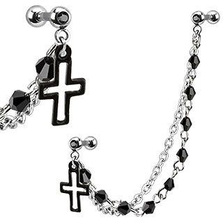 Double Beaded Chain Linked Dangle Cross w/Gemmed Double Cartilage/Trag