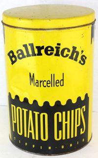 1940s Ballreichs Marcelled Potato Chips 1 LB. Tiffon, OHIO Tin Can