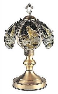 14 Inch Tall 6 Glass Panel Insert Touch Lamp WOLF IN THE WOODS Theme
