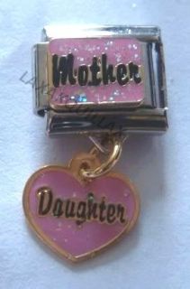 Italian Charm   MOTHER & DAUGHTER Pink Heart Dangle Love MUM fits 9mm
