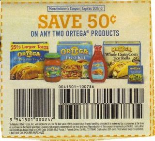 12 $.50/2 any Ortega products Coupons 3/31/13  for 3