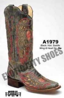 Corral Womens Cowboy Boots Black/Antique Saddle Wing & Heart Square