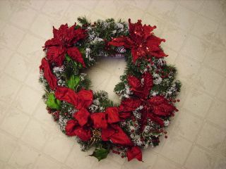 Silk Full Pointsettia & Pine Christmas Wreath Berries & Wired Ribbon