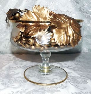Vintage Pedestal Crystal Glass Bowl Etched Leaf Pattern Gold Trim