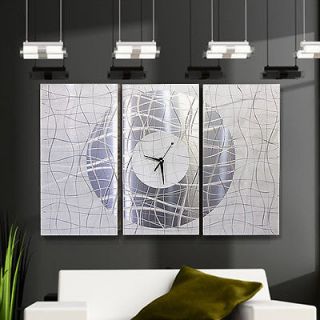 Metal Hand Painting Modern Abstract Wall White Silver Large Clock