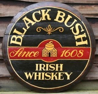 BLACK BUSH IRISH WHISKEY Wooden Pub Sign   Hand Painted Oak Barrel End
