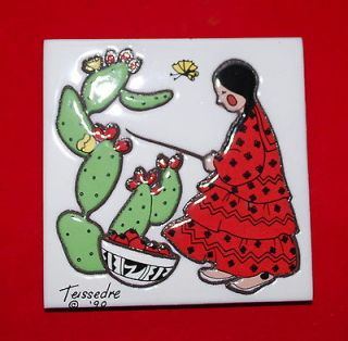 CLEO TEISSEDRE TILE ART TRIVET OR WALL DECOR 1990 WOMAN W CACTUS