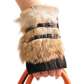 leather fingerless styling slip on design belt fur top gloves