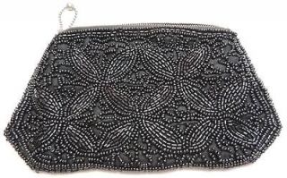 VTG Clutch Handbag Purse Black Glass Bead Floral Victorian Smooth