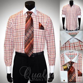 Shirt Set 17.5 34/35 Orange Rust Windowpane Tie Hankie Cuff Links