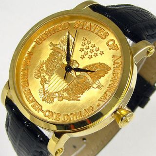 US Eagle CROTON Swiss New Dollar Coin Mens Gold Tone Steel Watch Black