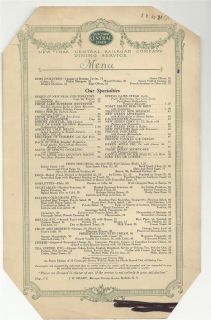 Early 1900s New York Central Railroad Lines Dining Service Dinner