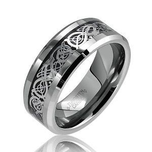 Celtic Dragon Comfort Fit Black Inlay Tungsten Carbide Mens Wedding