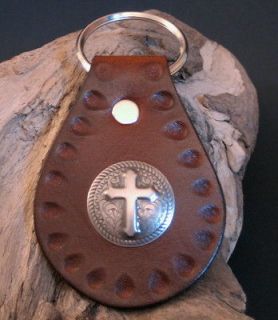 Fancy Cross Concho w/ Tooled Border Brown Genuine Leather Key Fob