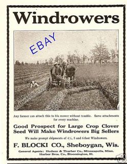 1909 BLOCKI HAY MOWER WINDROWER AD SHEBOYGAN WISCONSIN