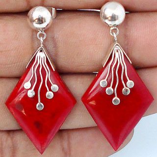 RED SPONGY CORAL SQUARE 925 SILVER CHRISTMAS EARRINGS JEWELRY R1332