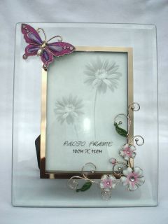 Handcrafted Gift 4x6 Glass Photo Frame w Purple Butterfly & Flowers