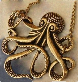 Antiqued Bronze Octopus Pendant Vintage Necklace Long Chain Jewelry