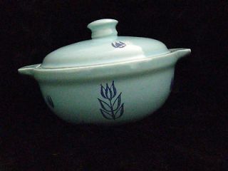 Vintage CRONIN China BLUE TULIPS on TURQUOISE color Bean Pot & Lid