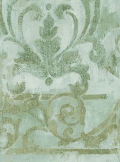 SCROLL DAMASK Distressed Aged VICTORIAN Green Wallpaper DOUBLE ROLLS