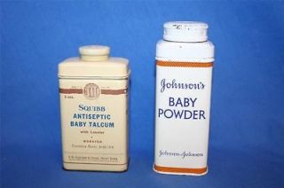 Vintage 3 oz. Squibb & 4 oz. Johnsons Baby Powder Talc Talcum Tin